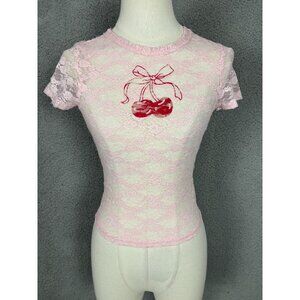 Ultra Flirt Juniors' Cherry Bow Lace Short Sleeve Graphic Lace Tee Shirt XS NWTs